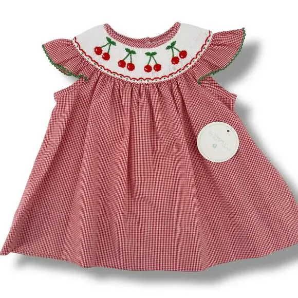 Edgehill Collection Cherry Embroidered Smocked Gingham Checked Dress Sz Newborn - Picture 1 of 5